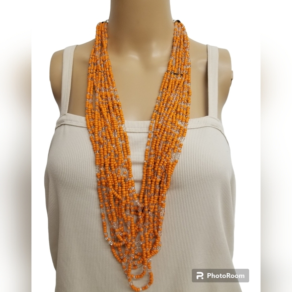 VINTAGE LONG LAYERED ORANGE SEED BEAD BOHO NECKLACE - Picture 1 of 5